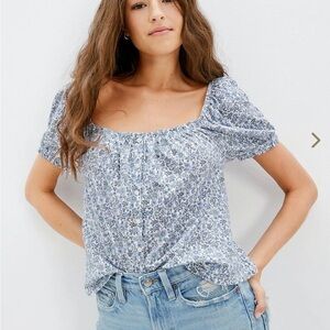 American Eagle Blue Cotton Floral Top Small